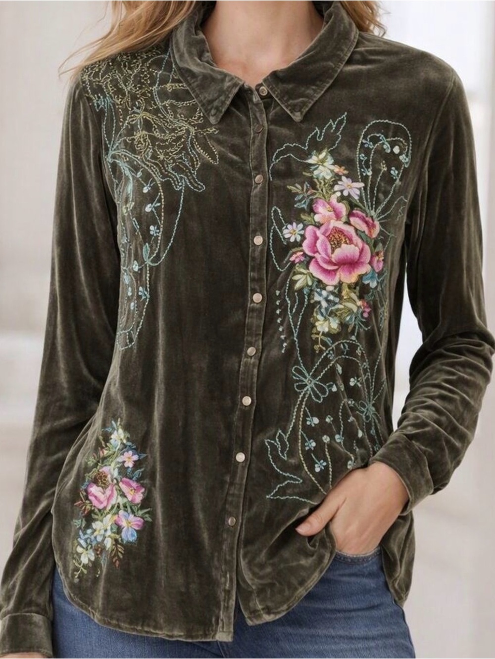 J.Jill Olive Silk Blend Velvet Snap Button-Front Floral Embroidered Shirt